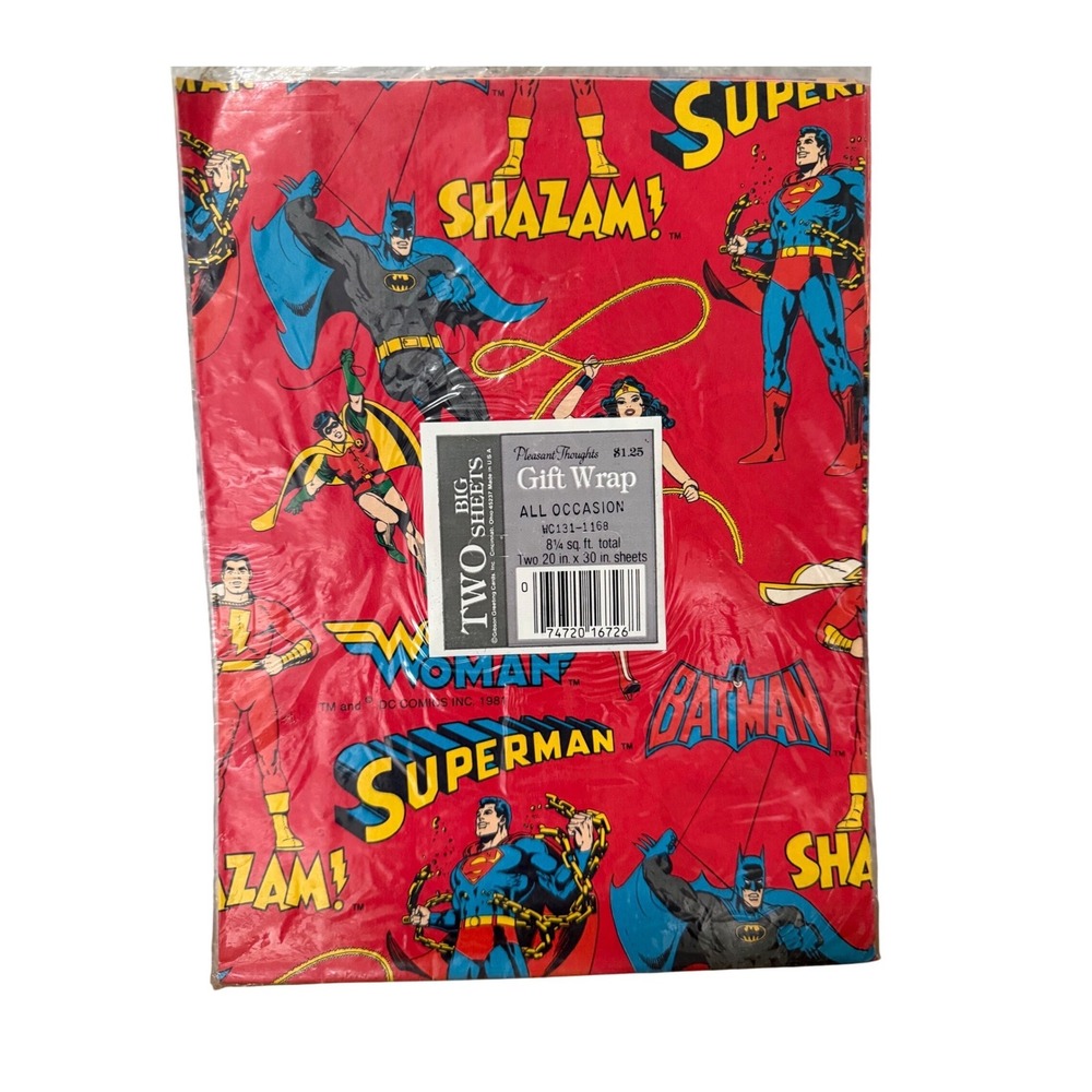 Vintage 1981 DC Comics Gift Wrap NOS Superman Batman Wonder Woman 2 Sheets Red